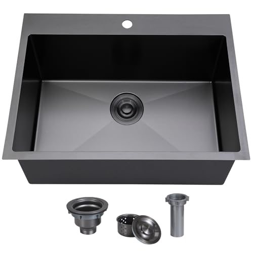 SHACO 25x18 Inch Black Drop In Kitchen Sink, 25 Inch Gunmetal Black Bar RV Laundry Utility Outdoor Stainless Steel 16 Gauge Single Bowl Deep Small Kitchen Sink