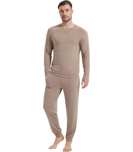 Image of NACHILA Mens Pajamas Set Long Sleeve Henley Sleepwear Top Soft Jogger Pants Pajamas Cool Pjs Set,Viscose Made from Bamboo