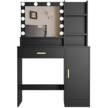 Panana Vanity Desk, Vanity Mirror with Lights and Table Set with 1 Big Drawers, 1 Cabinet & 4 Shelves Makeup Vanity Set 3 Lighting Modes Brightness Adjustable Dressing Table Black