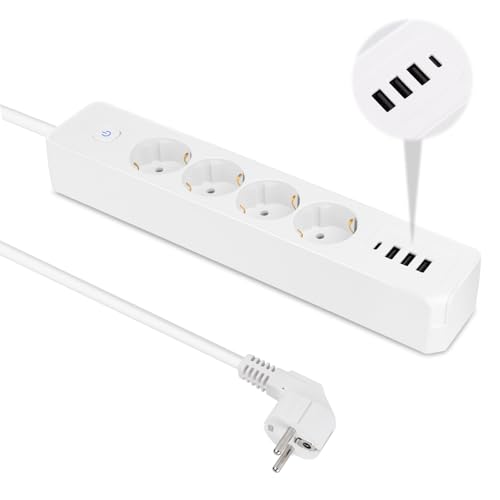 TNOMSNO Multiprise Electrique, Multiprise USB 4 Prises avec 4 Ports USB Multiprise avec Interrupteur (16A/4000W), Prise Multiple avec Cable 1.8m pour Maison, Bureau