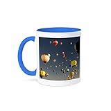 White ceramic mug with blue interior and handle Image printed on both sides This is manufactured in United States