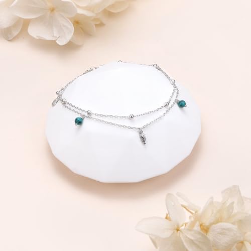Image of Ladytree S925 Sterling Silver Boho Beach Double Layer Anklets Bracelet for Women Adjustable 9 to 11 inches