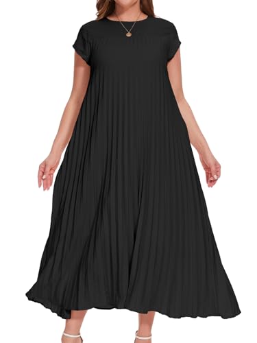 Women's Church Pleated Maxi Dress 2025 Summer Cap Sleeve Maternity Modest Flowy Dresses with Pockets