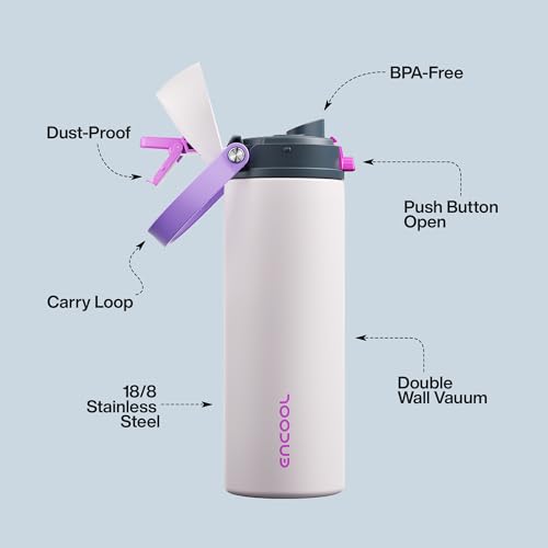 Image of Insulated Water Bottle with Straw - Encool Stainless Steel Water Bottle with Push Button Lid, Leak-Proof & BPA-Free, Keeps Cold for 24 Hours for Sports, Travel, Gym (24 oz, Oyster Pink)