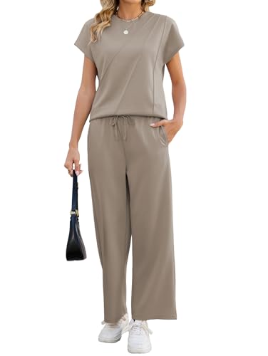Famulily Ladies Leisure Suit Crew Neck Pleated Shirt & Wide Leg Cropped Trousers 2 Piece Tracksuit Matching Set Coffee XL