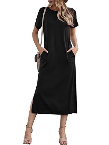 Naggoo Women Short Sleeve Loose Plain Maxi Pockets Dresses Casual Fit Tshirt Long Dresses Black