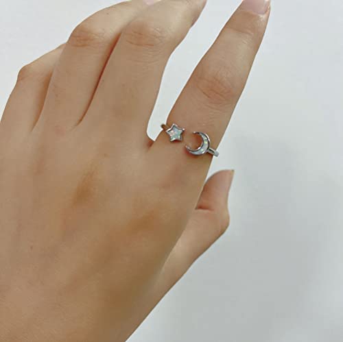 Opal Crescent Moon Star Open Adjustable Stacking Ring White Gold Plated Created Birthstone Love Endless Promise Wedding Finger Bands Expand Lucky Statement Rings Fashion Jewelry for Women Girlfriend Mother2