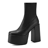 Easyfox Platform Black Boots for Women Chunky Heel Womens Boots Slip on High Heeled Ankle Boots Round Toe Elastic PU Leather Womens Boots size 7