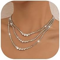 Sixexey Layered Rhinestone Necklaces Silver Crystal Necklace Chains Sparkly Party Necklace Jewelry for Women and Girls (3-layer)