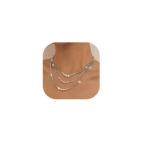Sixexey Layered Rhinestone Necklaces Silver Crystal Necklace Chains Sparkly Party Necklace Jewelry For Women And Girls (3-Layer) #TOP3