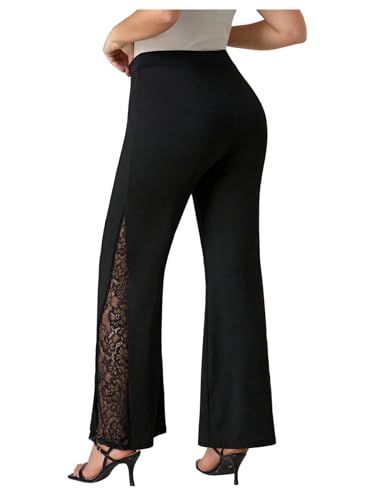 WDIRARA Women's Plus Size Elastic High Waist Flare Bell Bottom Ribbed Knit Long Pants Black Lace 3X-Large Plus