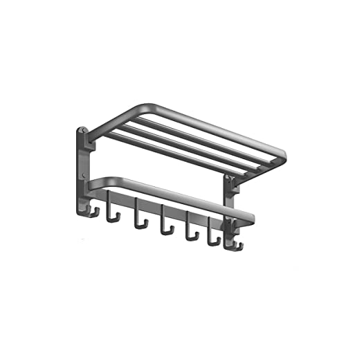 Bathroom Towel Rack Wall Mounted, Self Adhesive 90° Foldable Towel Rails, Stainless Steel Towel Holder Organizer, with Storage Shelf, Hook, Adjustable Hand Pull Out, for Bathroom(Size:Upgrade60)