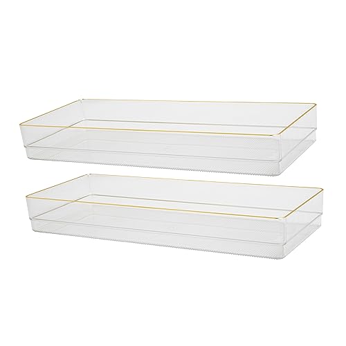 Image of Martha Stewart Kerry Plastic Stackable Office Desk Drawer Organizers, 15 inch x 6 inch, 2 Pack, with Gold Trim
