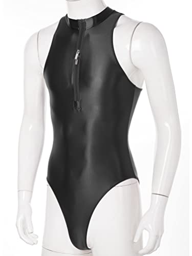 Mens One Piece Glossy Bodysuit Solid Color Sleeveless Double Zipper Stretchy Leotards4