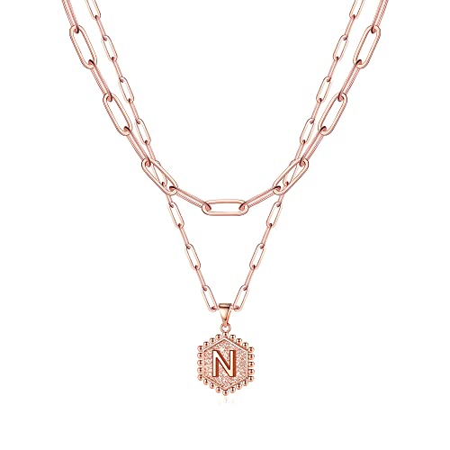 Rose Gold Layered Initial Necklaces for Women, Rose Gold Plated Paperclip Chain Necklace for Women Cute Letter Pendant Initial N Necklace Choker Necklace Rose Gold Layered Necklaces for Women Girls