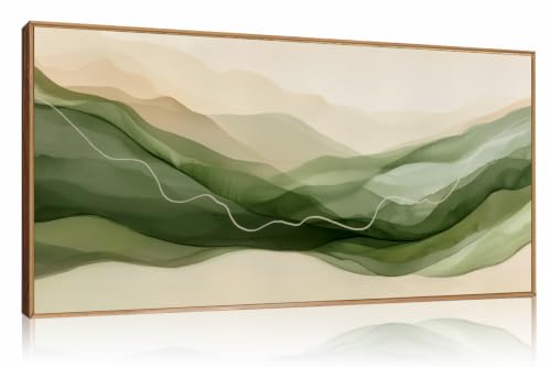 DRACIT Large Abstract Minimalist Green Waves Framed Canvas Wall Art Set,Watercolor Sage Green Beige Smoke Wall Decor,Ink Modern Neutral Flow Lines Artwork for Living Room,Bedroom,Office-40 x20