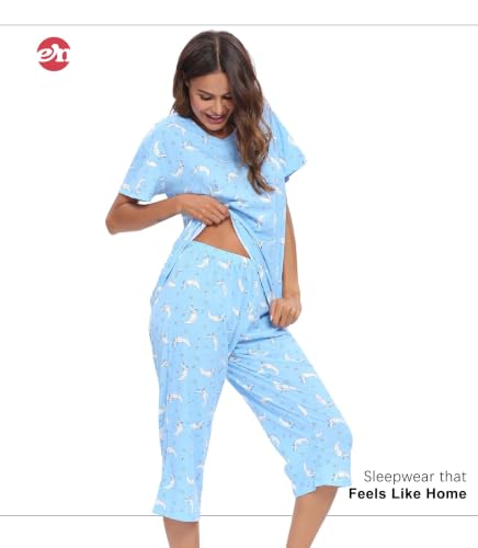 Image of ENJOYNIGHT Womens Pajama Sets Cotton Pj Set Short Sleeve Top With Capri Pants Sleepwear 2 Piece Lounge Set