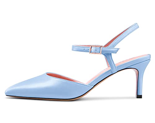 Aachcol Women Stiletto Mid Kitten Heel Pumps Ankle Strap Slingback Pointed Toe Dress Shoes Office Party Wedding Satin 2.5 Inch2