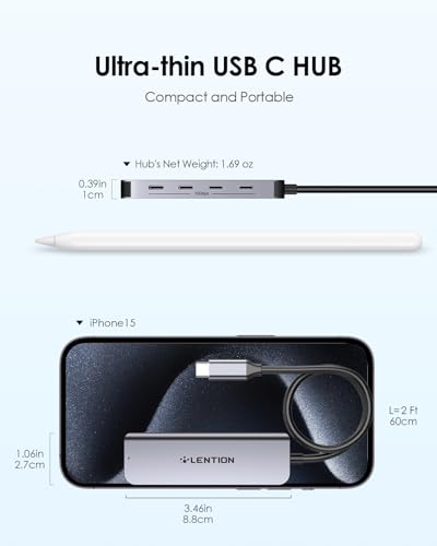 Image of LENTION 5 in 1 USB C Hub 10Gbps, 2ft Long Cable, 4 USB-C 3.2 Gen 2, 100W PD | Fast file transfer for creator & gamer, Stable Driver 3.0, Compatible with macOS, iOS /iPadOS, Windows & ChromeOS (CE31s)