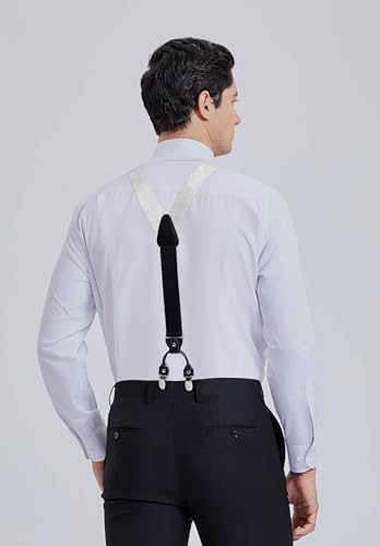 Image of HISDERN Suspenders for Men Paisley Floral Bow tie Suspender Pocket Square Sets Adjustable Y Shape 6 Clips Wedding Braces
