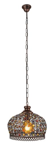 EGLO Suspension luminaire Jadida, lustre suspendu vintage et orientale, lampe de salon et de salle à manger en acier aspect cuivre antique et verre coloré,...