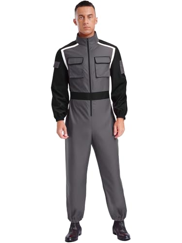 ACSUSS Men's Racing Driver Fireman Cosplay Jumpsuit Long Sleeve Front Zip for Halloween Carnival Grey Medium