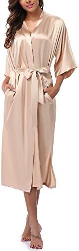 WitBuy Women's Long Satin Robe Silk Kimonos Bathrobe with Pockets Pure Color Sleepwear Nightgown Short Sleeves Plus Size Champagne X-Large