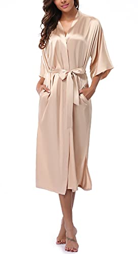 Witbuy Women's Long Satin Robe Silk Kimonos Bathrobe With Pockets Pure Color Sleepwear Nightgown Short Sleeves Plus Size Champagne X-Large #TOP3