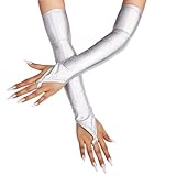 Yikisdy Fingerless Long Satin Gloves Silver Metallic Glove Sparkly Elastic Steampunk Gloves Evening Party Costume Cosplay Night Club for Women