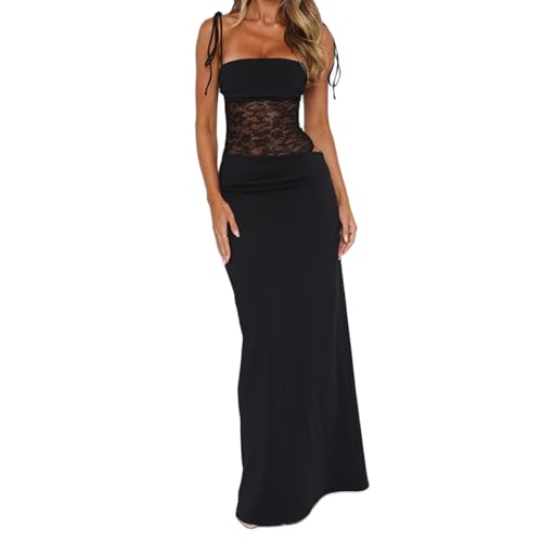 WERNZATT Y2K Damen-Rock-Set, durchscheinende Spitze, Patchwork, Schnürband, ärmellos, Bodysuit, figurbetonter Rock, Set, Club, Party, Streetwear, Schwarz , S