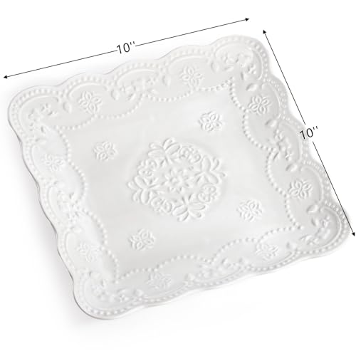 Tebery Set of 4 Square Embossed Ceramic Plate, 10 Inch Elegant Dinner Plates Ivory White, Appetizer Salad Serving Plates Kitchen Plates for Christmas Afternoon Tea Banquet Wedding Party Steak Pasta
