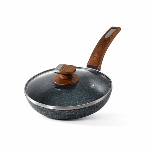 HOUSZY 24cm Non-Stick Granite Coated Frying Pan with Lid – Induction Compatible, PFOA-Free, Scratch-Resistant, Even Heat Distribution, Easy-Clean Cookware