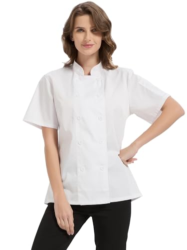 KITCHIEF Chef Coat Women Short Sleeve Lightweight White Chef Jacket Uniform for Women Kitchen Restaurant Bakery (White M)