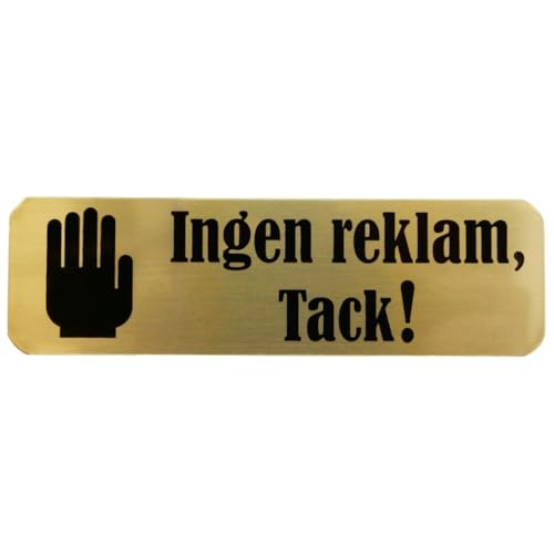 Ingen reklam tack! Skylt till brevlåda, brevboxar och brevinkast – 30x100 mm – Självhäftande guldfärgad brevlådeskylt med tydlig, svart text