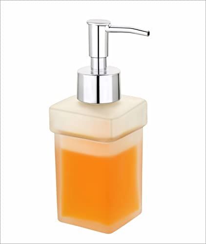 Image of Luxury Frosted Glass Soap Dispenser with Chrome Pump | Square Modern Design | Refillable Hand Lotion & Liquid Soap for Bathroom & Kitchen Countertop