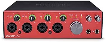 Interfaz de audio USB Clarett+ 4Pre de Focusrite para artistas. Los cuatro preamplificadores de micrófono con distorsión y ruido bajos aportan un sonido real