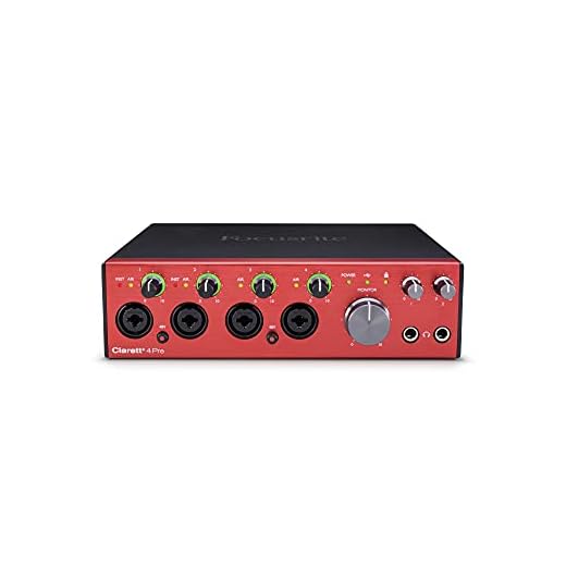 Interfaz de audio USB Clarett+ 4Pre de Focusrite para artistas. Los cuatro preamplificadores de micrófono con distorsión y ruido bajos aportan un sonido real