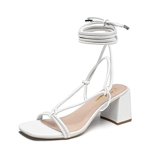 Athlefit Women's Chunky Strappy Sandals Lace Up Square Open Toe Ankle Wrap White Heels Size 7.5