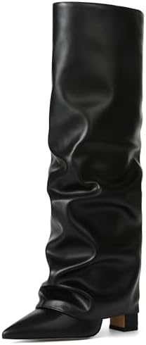 SaraIris Women's Slouchy Knee High Boots - Black, Pointed Toe, Fold Over, Chunky, Shark Boots