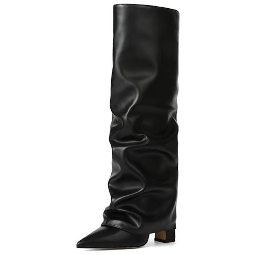 SaraIris Women's Knee High Boots Slouchy Black Fold Over Pointed Toe Chunky High Heeled Shark Boots for Women