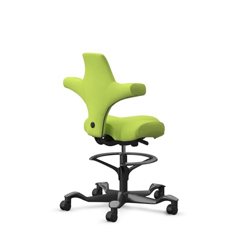 Image of HAG Capisco Sit to Stand Chair-Black Frame-Upholstered Bright Green-with Foot Ring