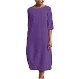 Baumwolle Leinen Midikleid Damen Retro einfarbiges Pulloverkleid O-Ausschnitt mittleren Ärmeln Sommerkleid Mittellanges Blusenkleid Hemdkleid Freizeitkleid Partykleid Urlaub Strandkleid Gerades Kleid