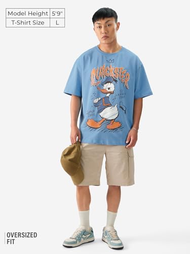 The Souled Store Official Donald Duck: Quackster Men and Boys Short Sleeve Round Neck Blue Graphic Printed Cotton Oversized T-Shirts
