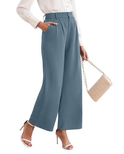 TASAMO Women High Waist Wide Leg Pants Elastic Waisted in The Back Office Business Casual Work Trousers Long Ankle Length Straight Suit Pants for Summer Wear Peacock Blue