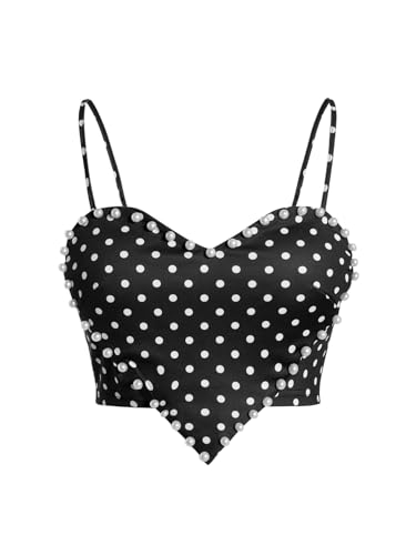 WDIRARA Women's Cami Heart Pearl Crop Top Sparkly Outfits Black Dots Large
