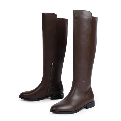 Image of Modatope Rounded Toe Flat Stretchy Dress Knee High Boots Side Zipper | Suede Elastic Fall Winter Boots, Low Chunky Block Heel Riding Boots,2026 Fashion Womens Tall Long Boots