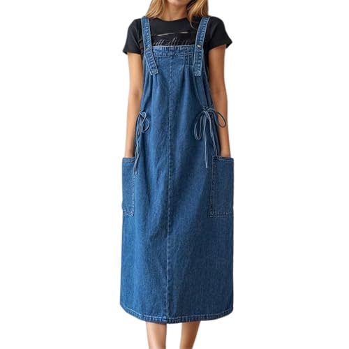 Damen Jeans Latzkleid Lose Ärmelloses Latzrock Lang Trägerrock mit Taschen Elegant Knielang Jeansrock Overall Volant Jeanskleid A-Linie Kleid...