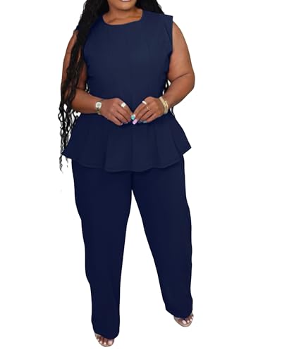 Women's Plus Size 2 Piece Pants Outfits Sleeveless Vest Wide Leg Pantsuit 2026 Dressy Casual Work Sets Navy Blue 3X