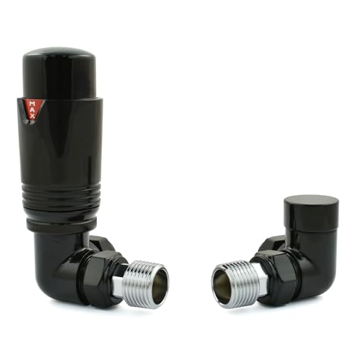 Hot Flow - Vanne thermostatique de radiateur TRV angulaire entièrement noire (paire) Comprend un corps TRV angulaire, une tête de roue et un verrou de sécurité pour un contrôle rapide et facile de la