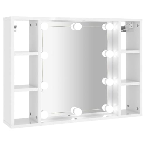 Teenpull Armario con espejo LED blanco brillante de madera, 76 x 15 x 55 cm, 6 compartimentos, montaje en pared, lámparas USB, armario compacto para baño moderno con espacio de almacenamiento